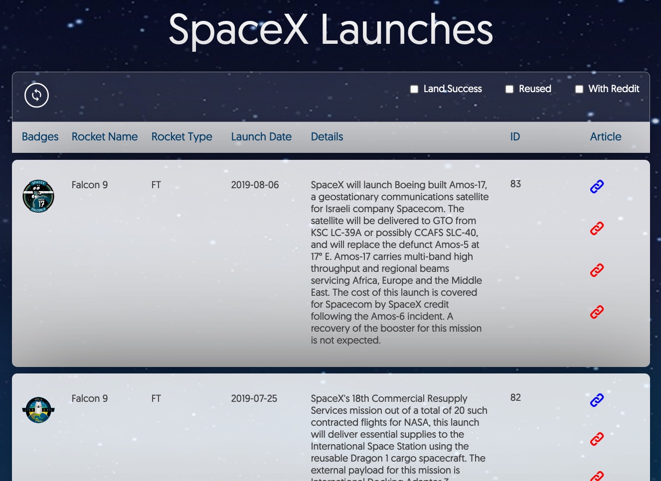 Screenshot of SpaceX Flights